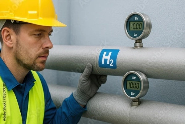 Obraz Worker Monitors Hydrogen Gas Pressure with Gauge in Industrial Facility Environment