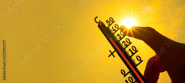 Obraz Hot weather - Heat wave / Summer heat background - Thermometer yellow orange sky and sun rays