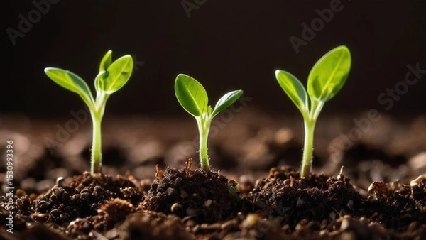 Obraz Three Young Green Seedlings Growing in Rich Soil Nature's Rebirth and New Beginnings