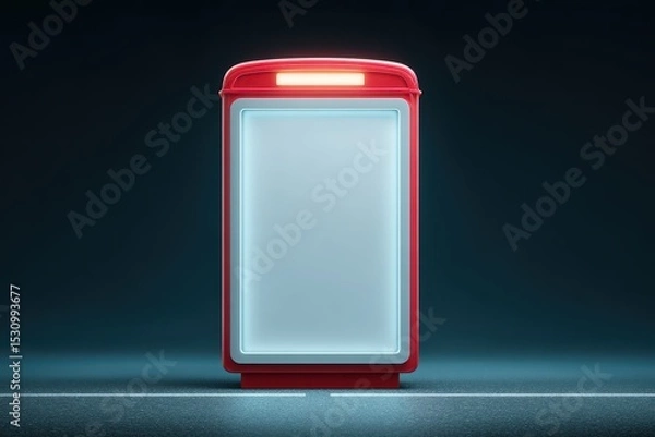 Obraz A bright red, empty advertising display board with a glowing white center stands alone in a dark, empty environment.