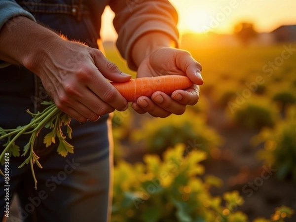 Obraz Farmer's Hands Holding Freshly Harvested Carrot at Sunset in a Field