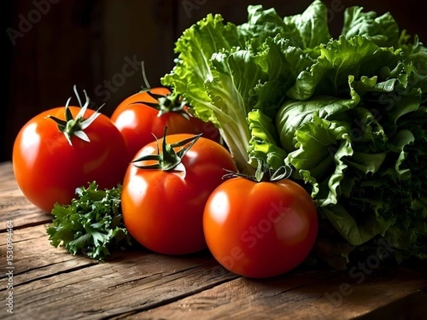 Obraz Fresh Red Tomatoes and Green Lettuce on Rustic Wooden Table Healthy Organic Vegetables