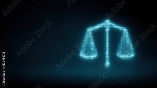 Obraz A glowing digital scale of justice made up of binary code floats on a dark background, symbolizing law, fairness, and technology.