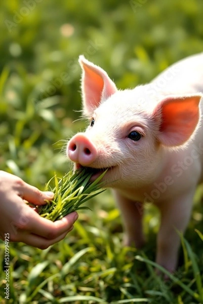 Obraz Adorable Pink Piglet Eats Fresh Green Grass in Sunny Meadow A Close Up Shot of a Happy Farm Animal