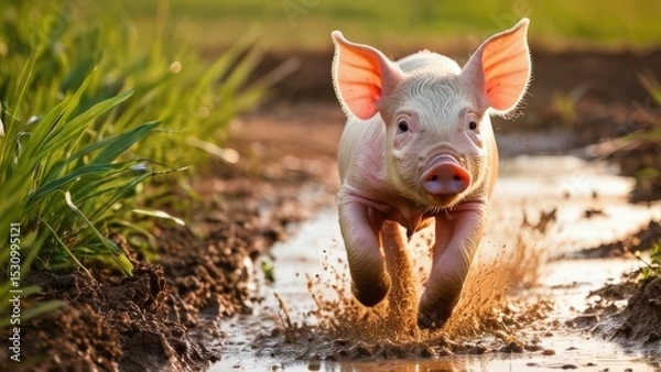 Obraz Adorable Pink Piglet Running Through Muddy Puddle in a Lush Green Field