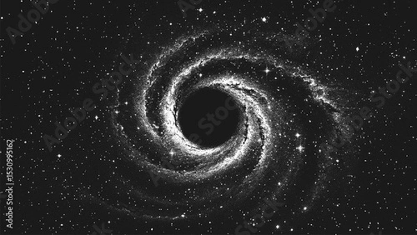 Obraz Amazing huge massive black hole surrounded by a cosmic nebula. Gravitational pull of the universe in a cosmic cloud storm of light and shadows. Dotwork. Pointillism. Dots shading. Vector illustration