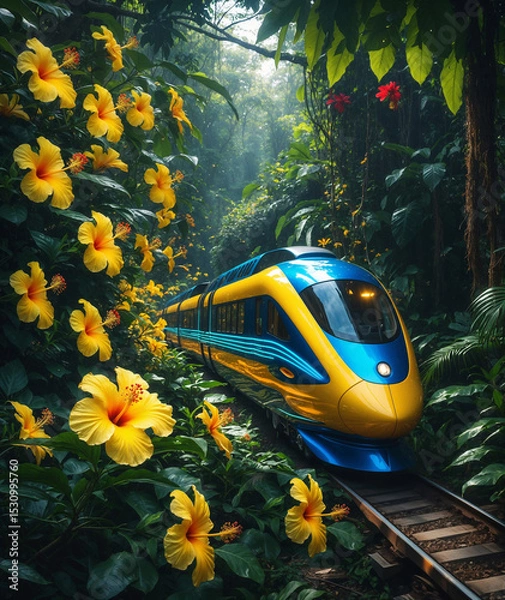 Fototapeta a modern futuristic train going through rainforest jungle with yellow hibiscus flower, time warp concept