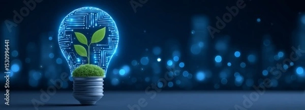 Obraz Development concept for energy conservation is embodied by the image of a small tree paired with an energy efficient lightbulb, relating to electricity savings