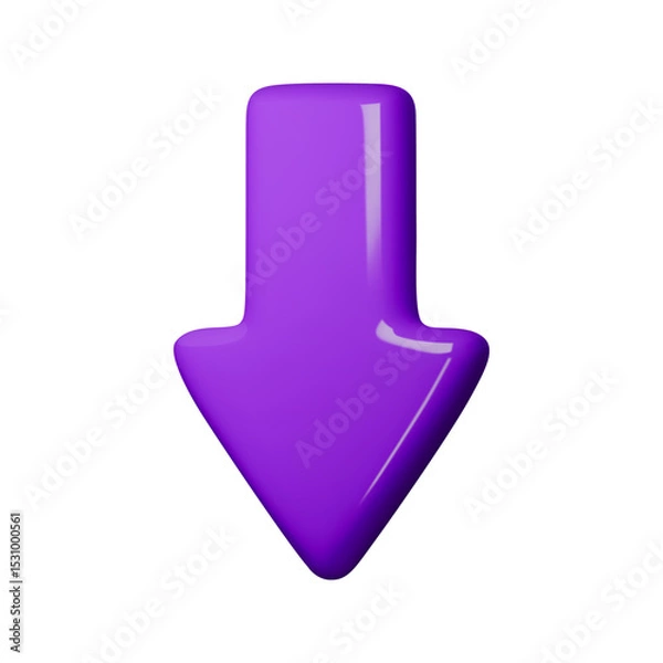 Obraz Purple glossy 3D arrow pointing downward, perfect for navigation or download icons. Vector illustration emphasizes bold design, modern aesthetics, and versatile usage for web or apps.