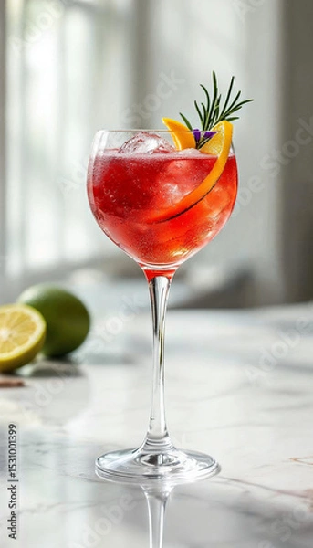 Fototapeta Elegant cocktail in crystal glass on marble, with vibrant colors and soft natural light.









