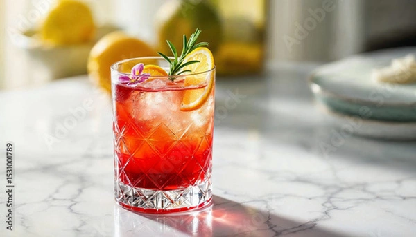 Fototapeta Elegant cocktail in crystal glass on marble, with vibrant colors and soft natural light.









