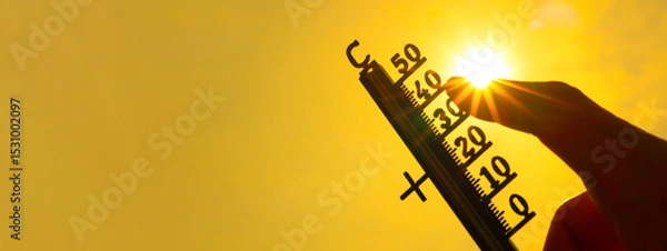 Obraz Hot weather, global climate change concept - Heat wave / Summer heat temperature celsius background banner long - Thermometer yellow orange sky and sun rays