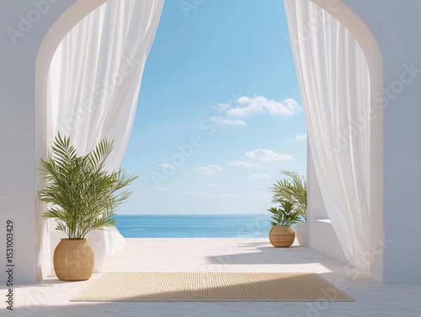 Obraz Open doorway leads to serene ocean view with tropical plants in bright sunlight