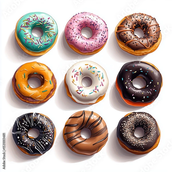 Obraz Delicious selection of assorted donuts with various toppings and designs