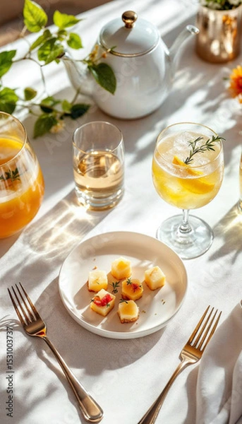 Fototapeta Elegant cocktail and gourmet appetizer on white linen, bathed in soft natural light.









