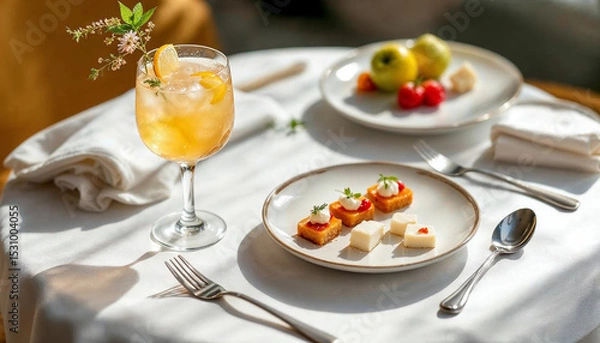 Fototapeta Elegant cocktail and gourmet appetizer on white linen, bathed in soft natural light.









