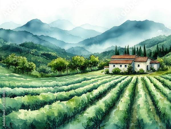 Obraz Vineyard landscape under the mountains with a rustic farmhouse during daytime