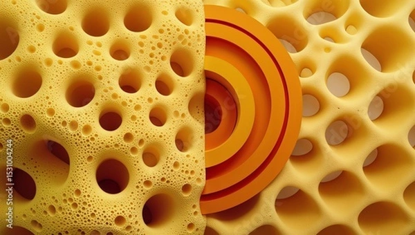 Fototapeta Abstract porous yellow surface with geometric shapes, sponge-like material, and bubbly texture