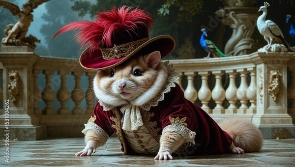 Fototapeta A regal chinchilla wearing a red velvet suit and hat in an ornate palace setting.
