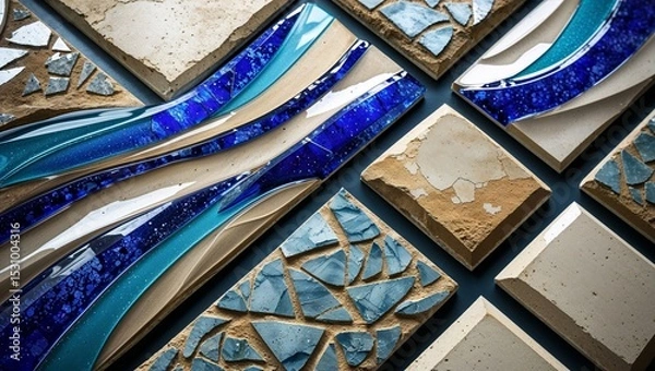 Fototapeta Decorative tiles of stone, mosaic, and wavy glass arranged as an artistic background