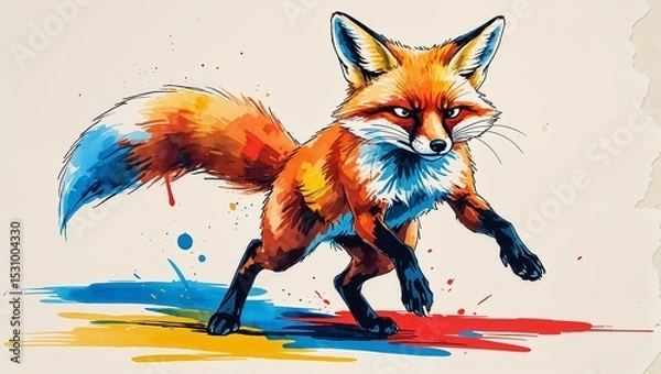 Fototapeta Colorful watercolor drawing of a fox on the prowl, captured in a dynamic action pose.
