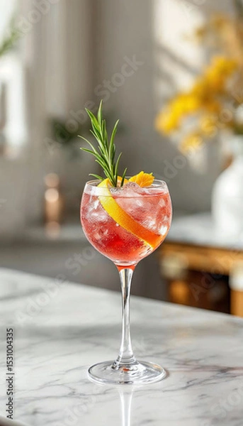 Fototapeta Elegant cocktail in crystal glass on marble, with vibrant colors and soft natural light.









