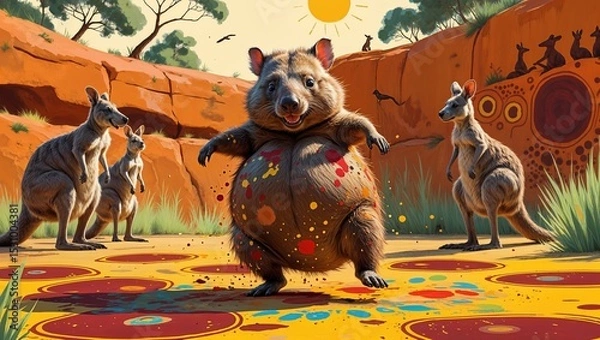 Fototapeta Cartoon Quokka with Kangaroos in an Australian Outback Setting