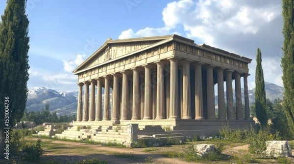 Fototapeta Ancient Greek Temple Majestically Set Against Mountainous Landscape