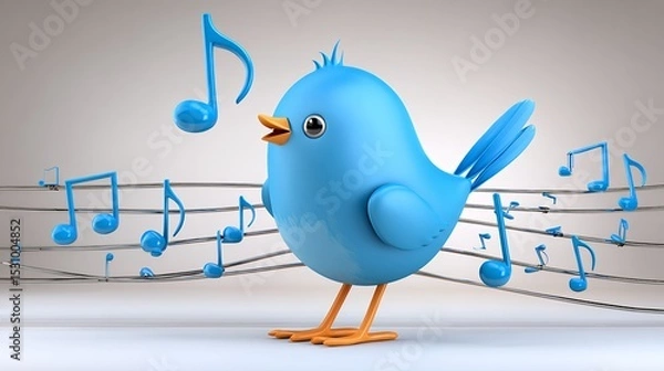 Obraz Cute Blue Bird Singing with Music Notes on White Background