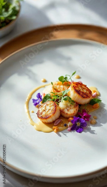 Fototapeta Elegant fine dining dish with scallops and microgreens on matte white plate, minimalistic style.









