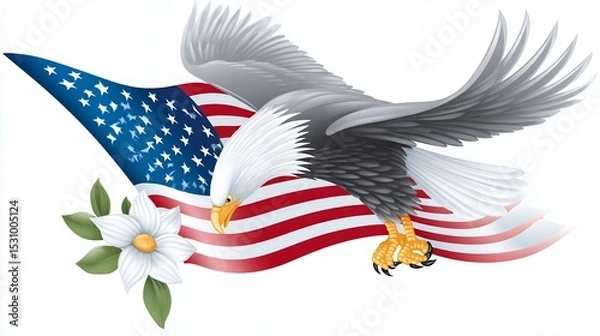 Obraz Majestic Bald Eagle Soaring with American Flag and White Flower