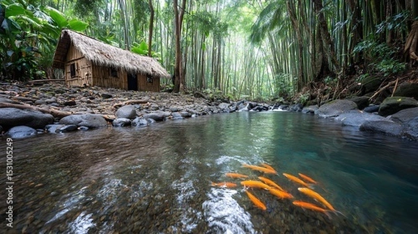 Obraz Orange Fish Swim in a Clear Rainforest River Near a Rustic Hut