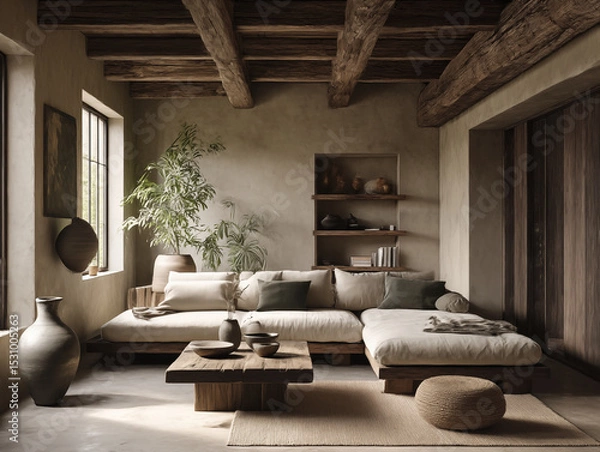Fototapeta open concept Japandi loft with exposed wood beams, natural fiber rug, earth-toned fabrics, modern and rustic fusion