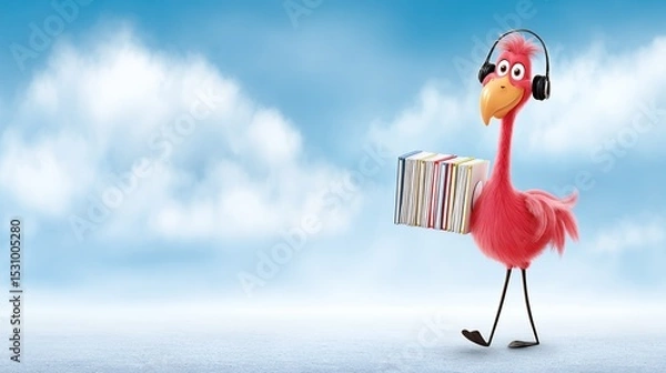 Obraz Pink Flamingo Cartoon Character Carrying Package Against Blue Sky