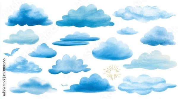 Obraz Watercolor Blue Clouds Collection, Sky Painting, Nature Design Elements