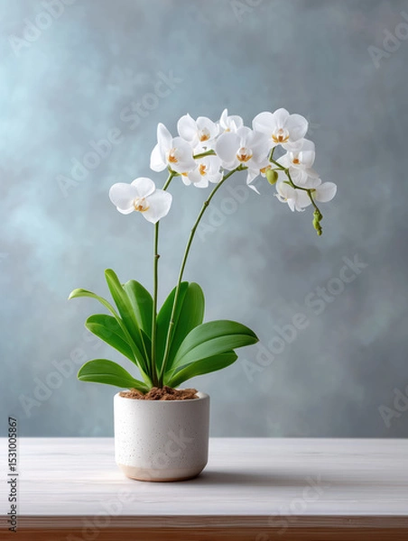 Obraz Elegant white orchids in a minimalist pot on a wooden table