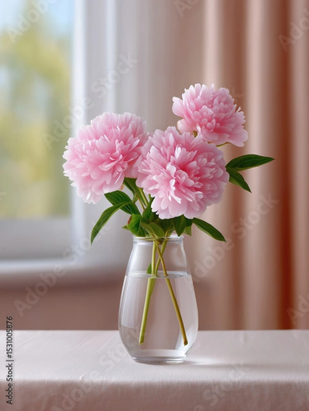 Obraz Elegant pink peonies in a clear vase on a soft table