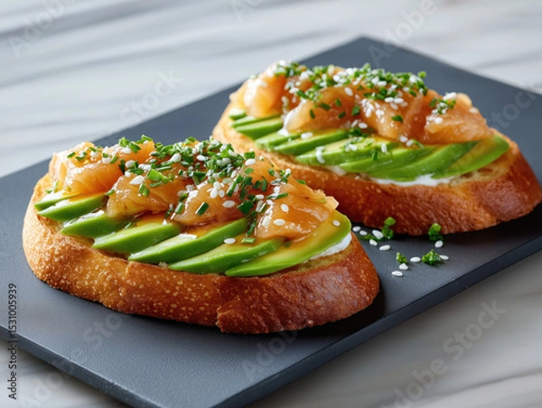 Obraz Delicious open-faced sandwiches topped with smoked salmon and avocado