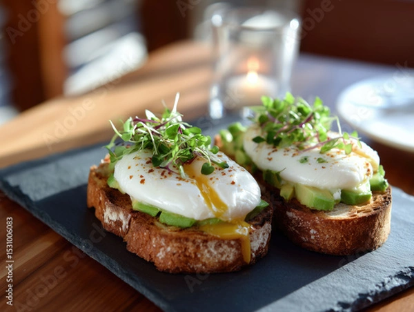 Obraz Delicious avocado toast topped with poached eggs and microgreens