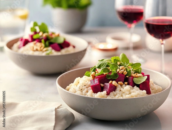 Obraz Colorful beet salad with cheese and a glass of red wine