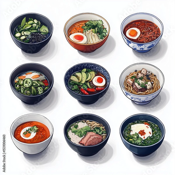 Obraz Various bowls of ramen and noodle dishes