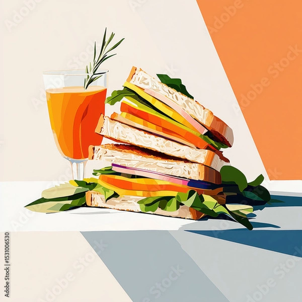 Obraz Colorful sandwich tower with fresh vegetables and a drink on a plate