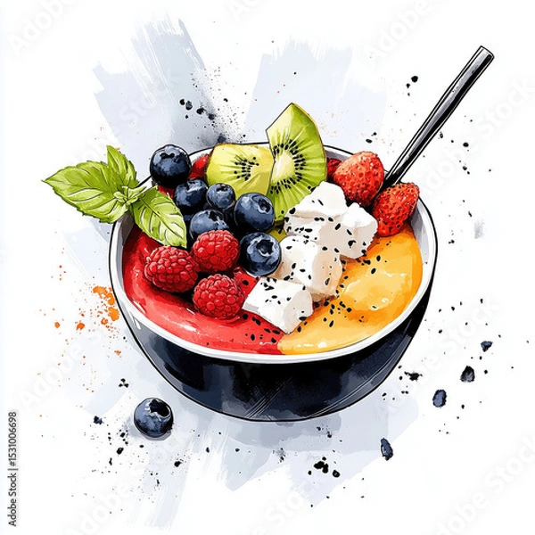 Obraz Colorful smoothie bowl topped with fresh fruits and mint leaves