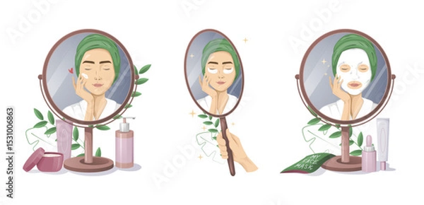 Obraz Set of Muslim woman doing skincare spa routine and reflecting in the mirror