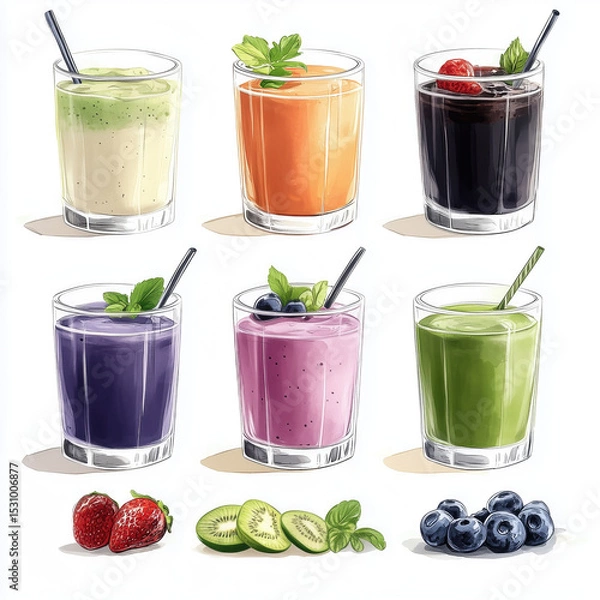 Obraz Colorful smoothie selection with fresh fruits and mint leaves
