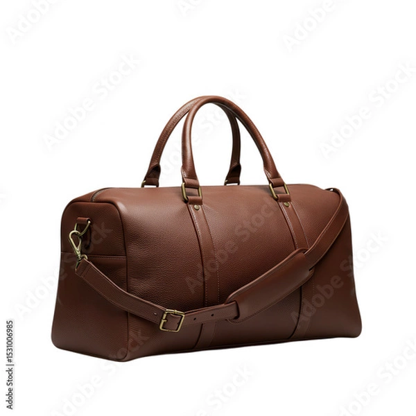 Obraz Brown leather duffel bag with shoulder strap isolated on transparent background