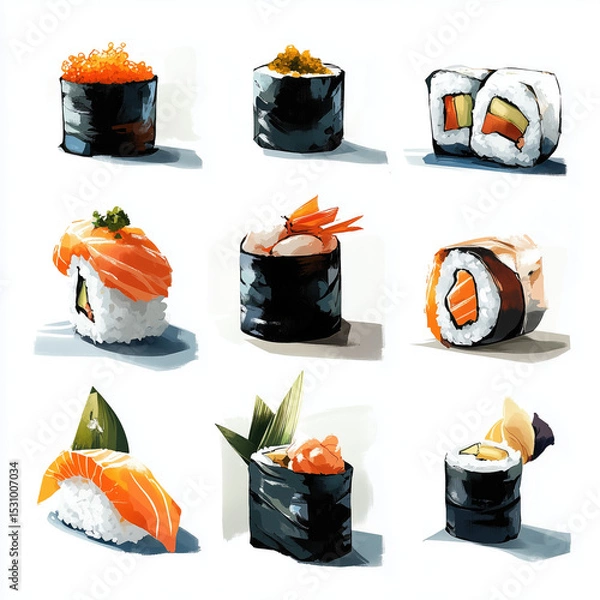 Obraz Colorful sushi assortment displayed on a white background