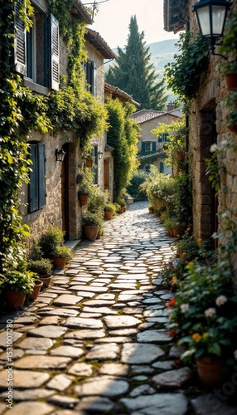 Fototapeta Rustic stone village path with ivy-covered houses, warm light, and peaceful rural charm.










