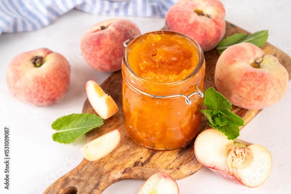 Fototapeta Flat chinese donuts fig peach jam, homemade confiture preserves with fresh fresh fig peaches and mint in white background copy space