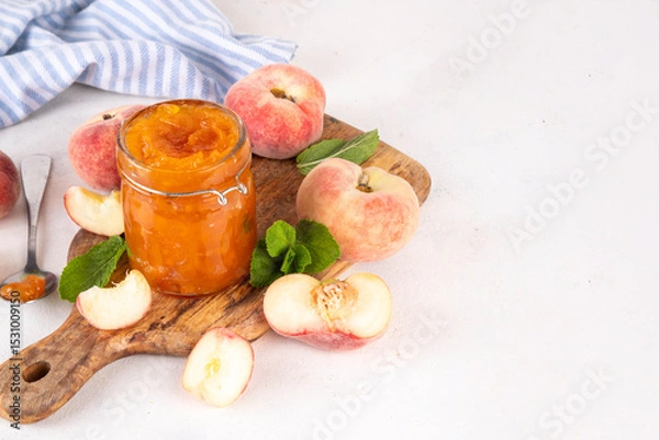 Fototapeta Flat chinese donuts fig peach jam, homemade confiture preserves with fresh fresh fig peaches and mint in white background copy space